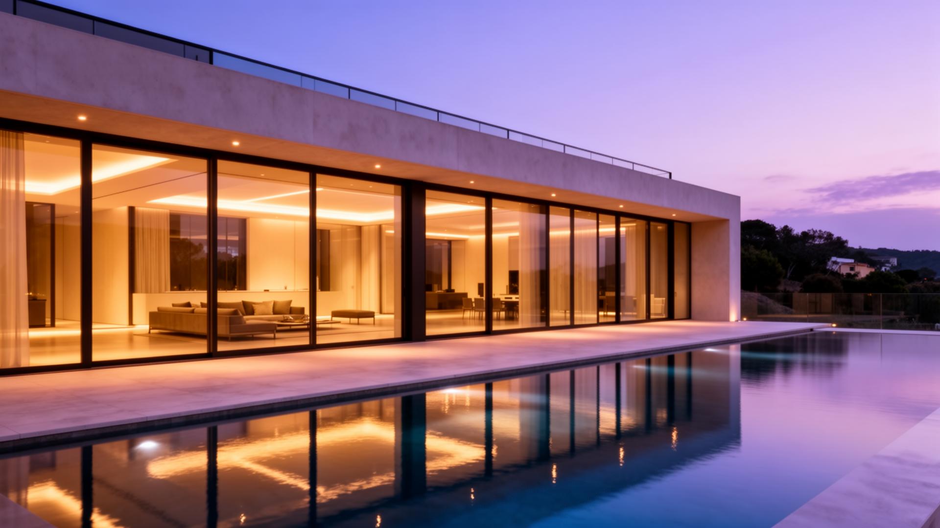 Modern luxury villa at dusk